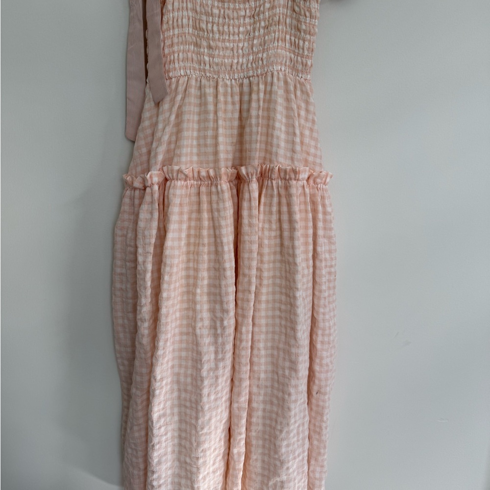 MARBLE Peach Gingham Smocked Dress with pockets - Picture 2 of 9